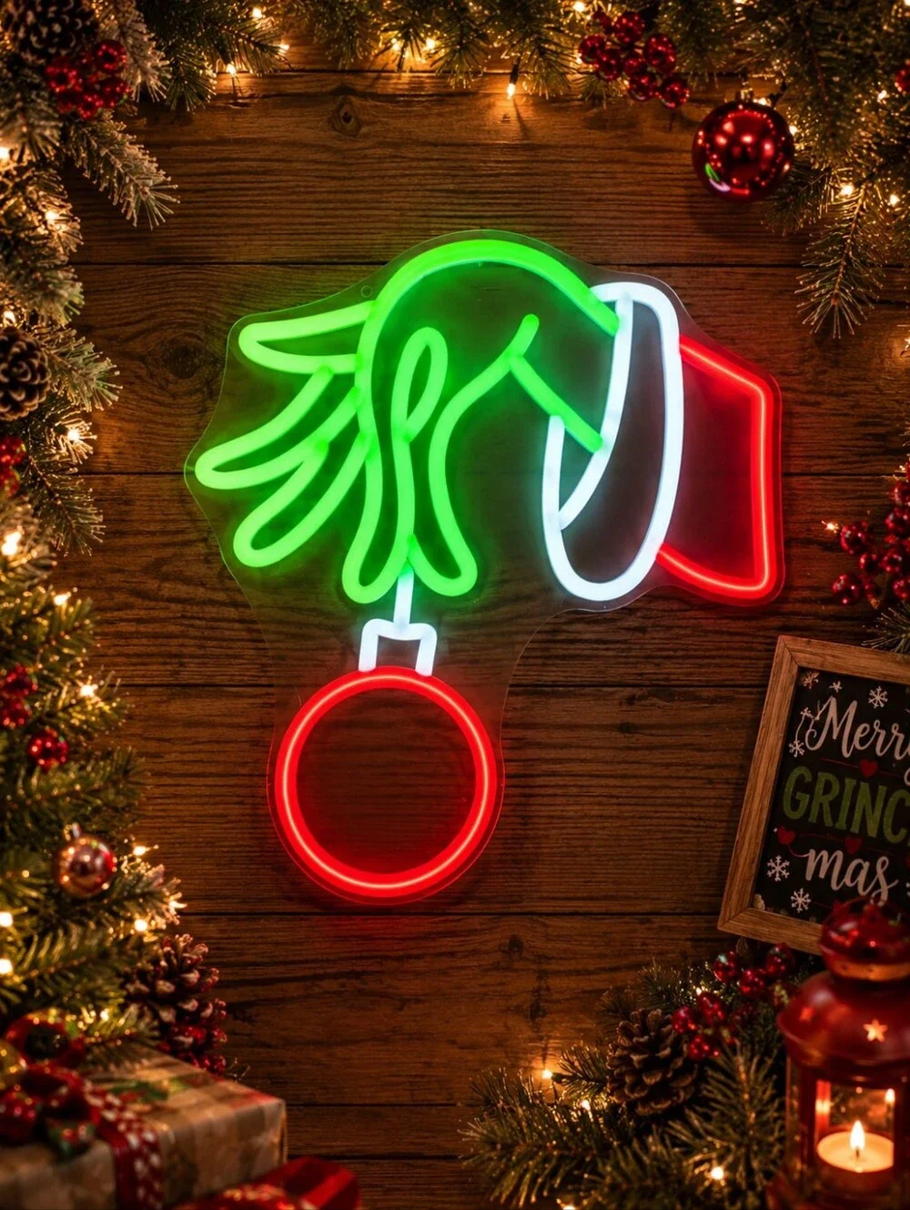 Christmas Neon LED Grinch-Inspired Hand Holding Ornament Wall Sign NIB